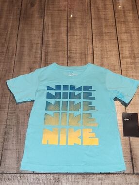 NWT Nike Boys' Aqua Tee with Blue-to-Yellow Gradient Logo